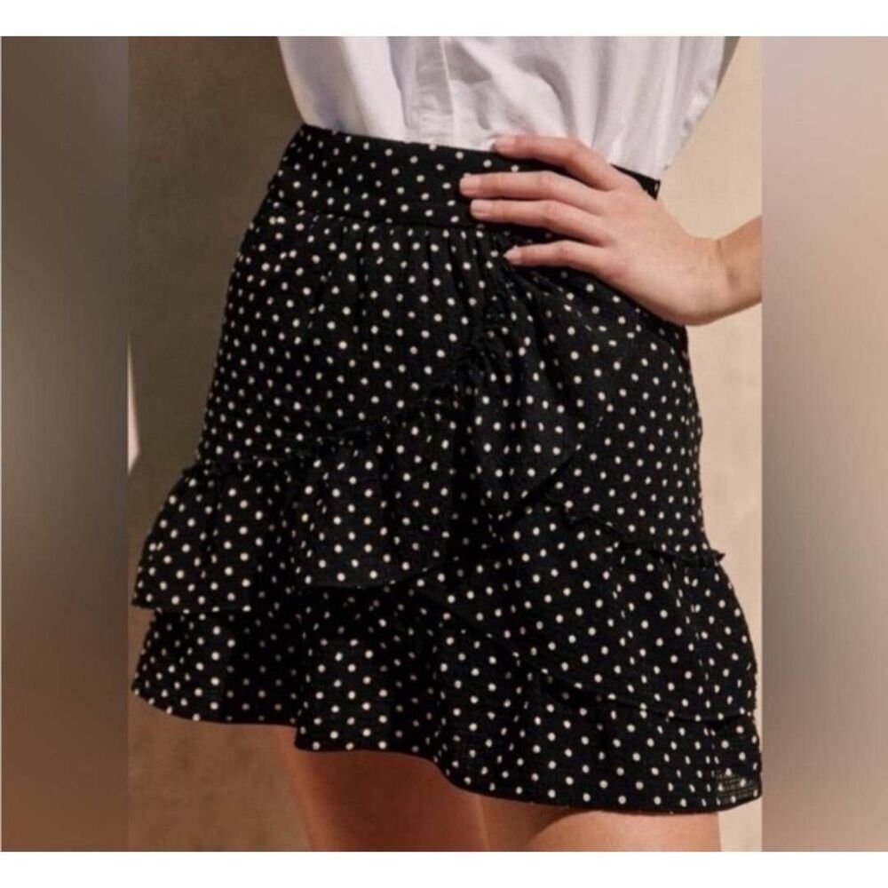 Sezane Carolina black polkadot Ruffle mini skirt sz 46 (US 14)